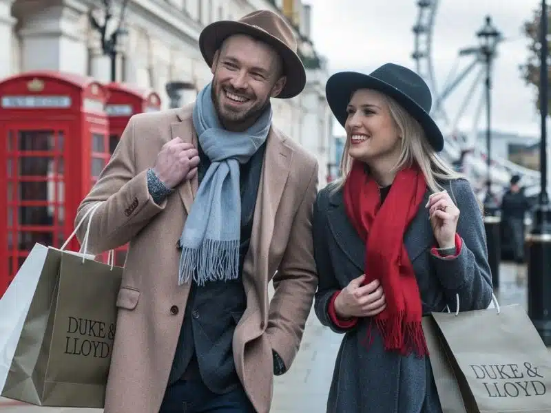 A photo of a man and a woman walking down the city center of London. 