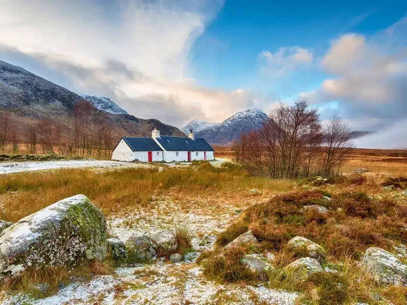 Winter at Blackrock Cottage at Glencoe with Buachaille Etive Mor in the background