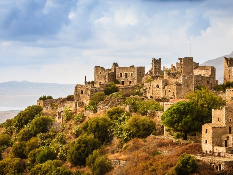Old abandoned tower houses in Vathia Mani Peninsula, Laconia Peloponnese Europe.