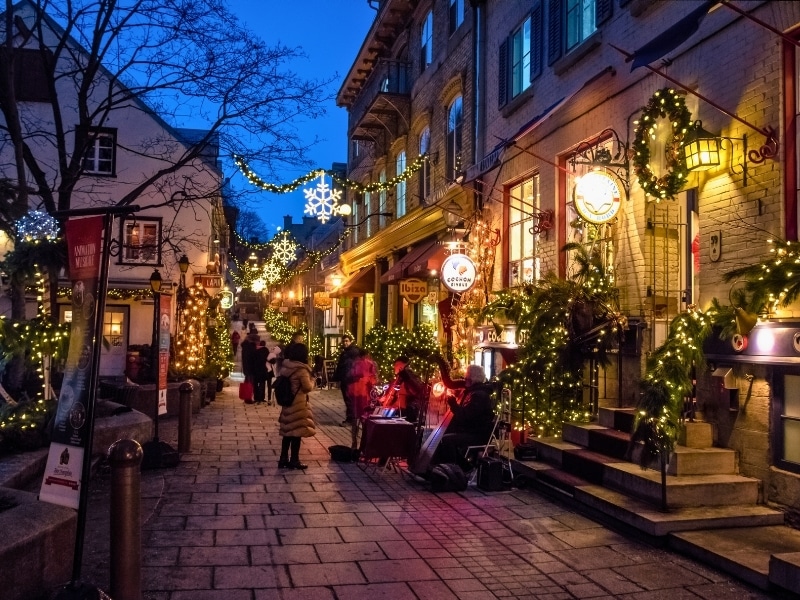 Nightime on a festive Rue du Petit-Champlain at Lower Old Town (Basse-Ville) Quebec at Christmas