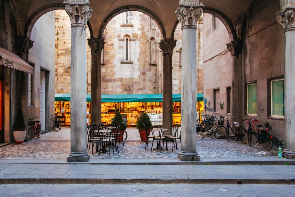 Beautiful historic architecture in old town Lucca Italy on a cool winter's evening