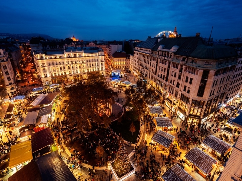 Aerial view of Budapest's Christmas Market at night