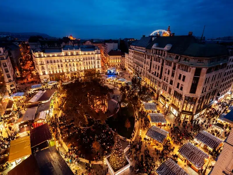 Aerial view of Budapest's Christmas Market at night