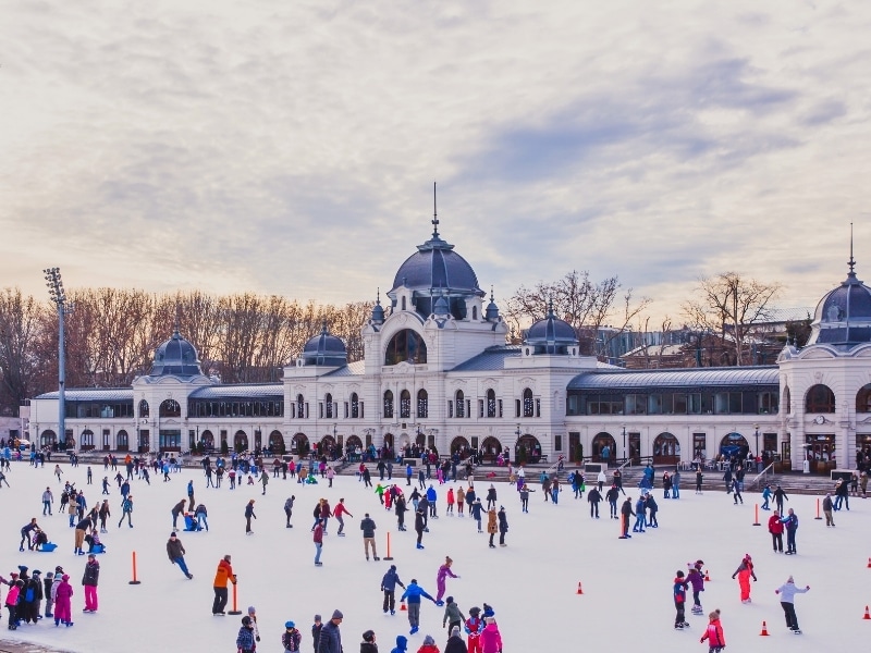 Skating in City Park ice rink in Budapest, Hungary