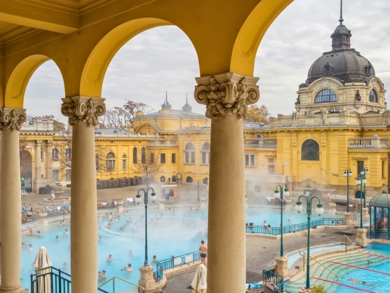 Szechenyi Baths in Budapest in winter, Hungary. Historic Hungarian thermal baths in Europe.