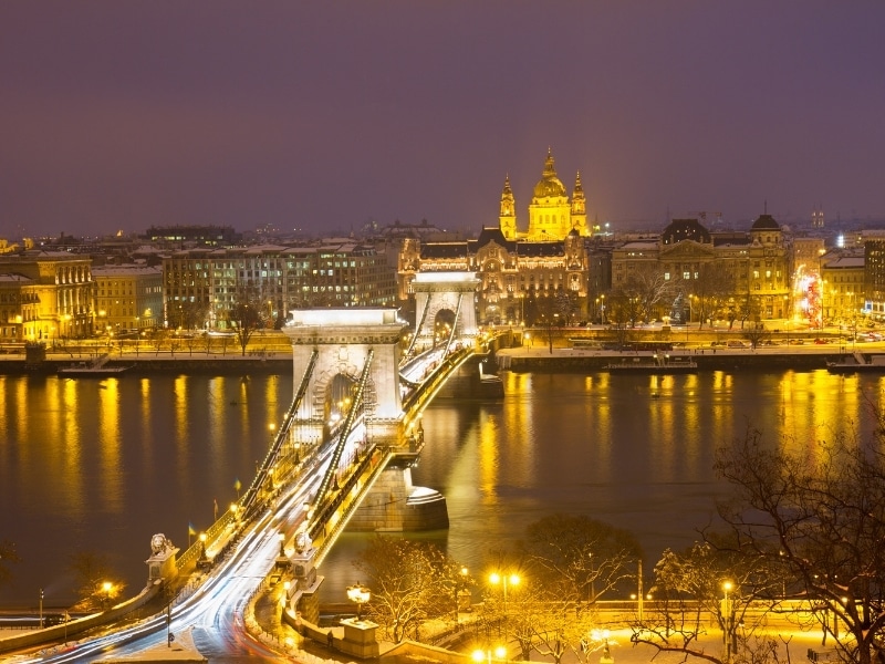Chain Bridge (Szechenyi lanchid) and skyline of Pest at night from above, Budapest, Hungary