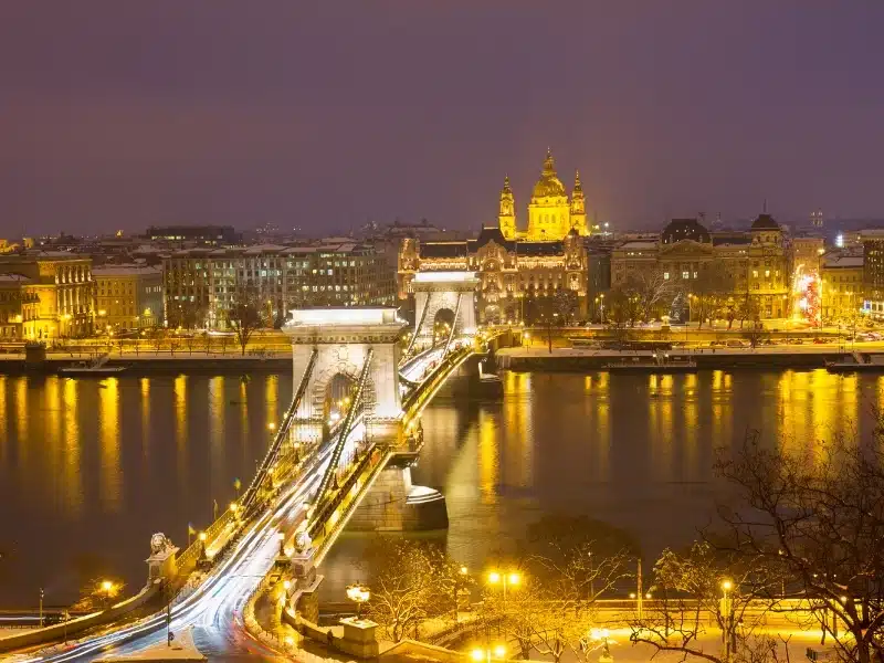 Chain Bridge (Szechenyi lanchid) and skyline of Pest at night from above, Budapest, Hungary