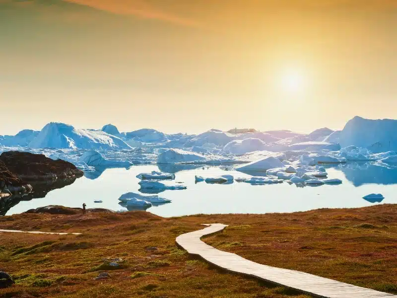 Wooden boardwalk to a bay full of icebergs