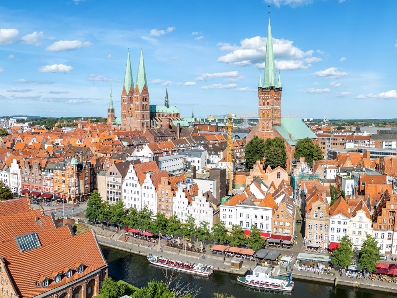 Aerial view od Lübeck's old town on the Trave River
