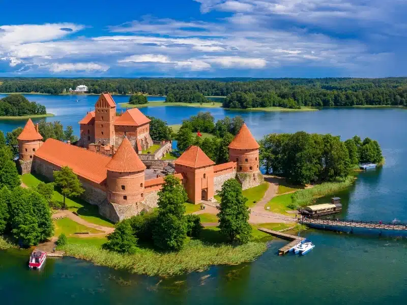 Aerial view of Trakai, over medieval gothic Island castle in Galve Lake. Trakai Island Castle, most popular tourist destination in Lithuania