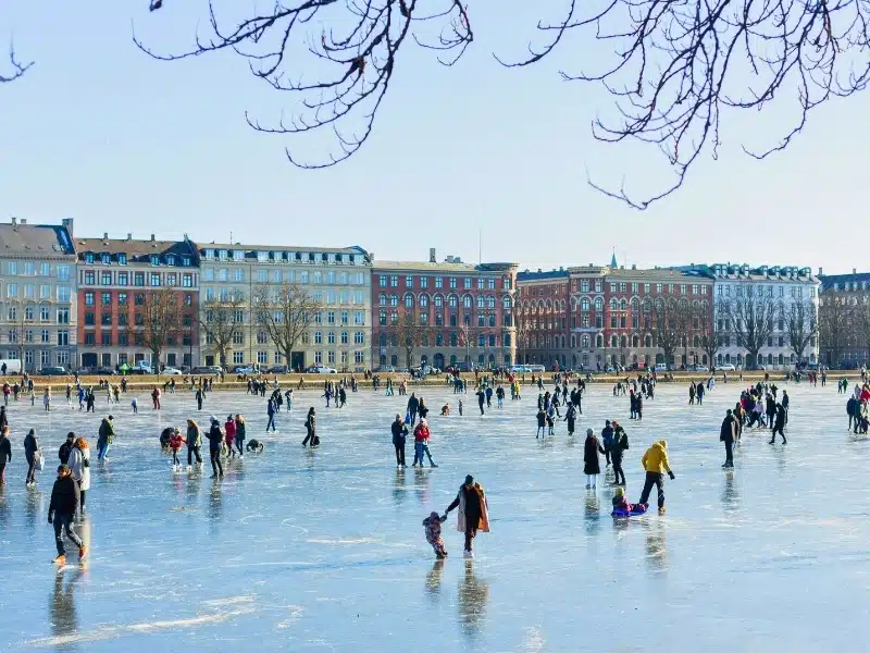 People skating on the ice on the lakes of Copenhagen