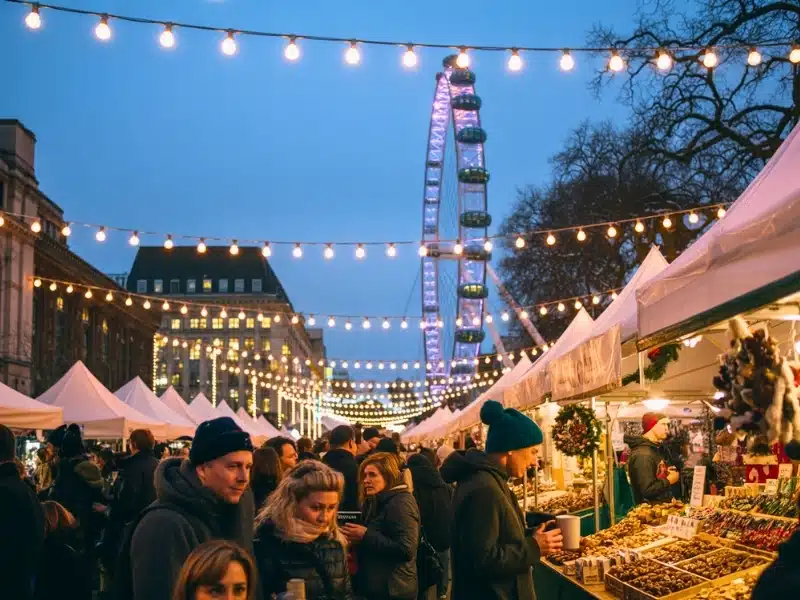Southbank Centre Winter Market in London during a snowy evening. Strings of fairy lights twinkle overhead, illuminating the festive stalls displaying handcrafted gifts and seasonal treats, with the London Eye visible in the background.