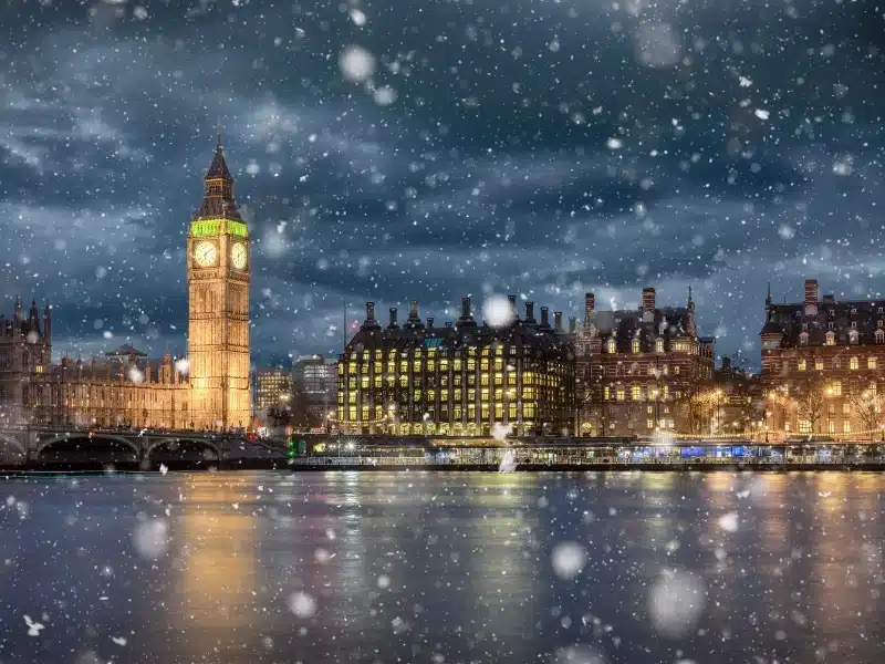 Big Ben and Westminster on a cold winter night with falling snow, London, United Kingdom