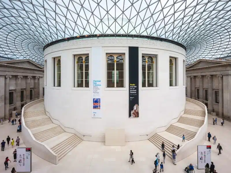 The Reading Room and Queen Elizabeth II Great Court roof of British Museum, which is located in the Bloomsbury area of London, England, UK