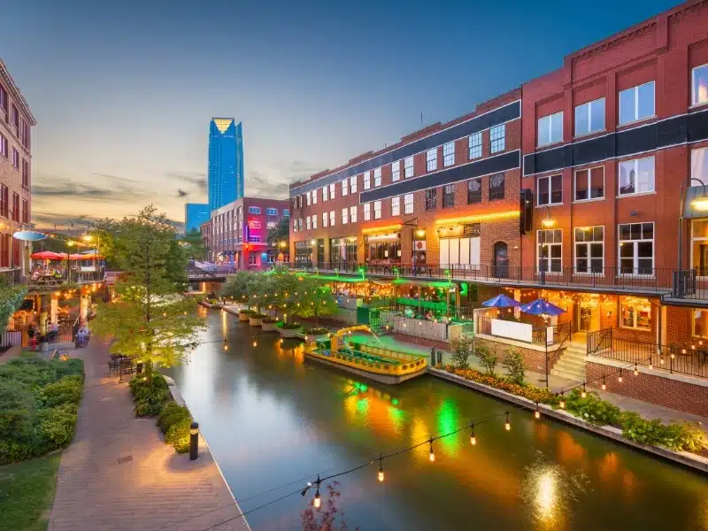 Oklahoma City, Oklahoma, USA cityscape in Bricktown at dusk.