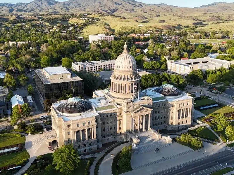 Boise State Capitol early morning ariel photograph looking southwest towards the mountains