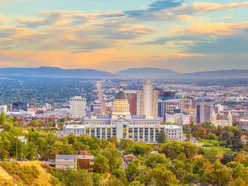 Downtown Salt Lake City skyline cityscape of  Utah in USA at sunset