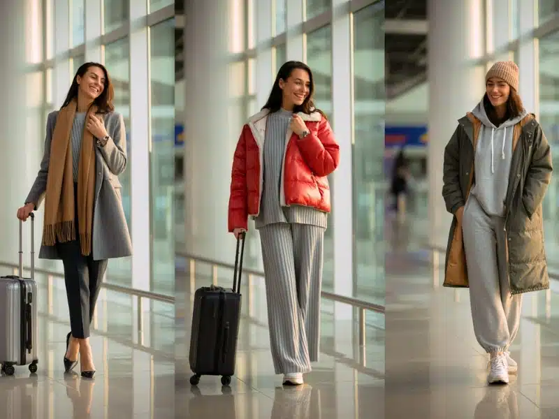 A series of three interconnected fashion photographs depicting a confident woman in her late 20s navigating a modern airport terminal.