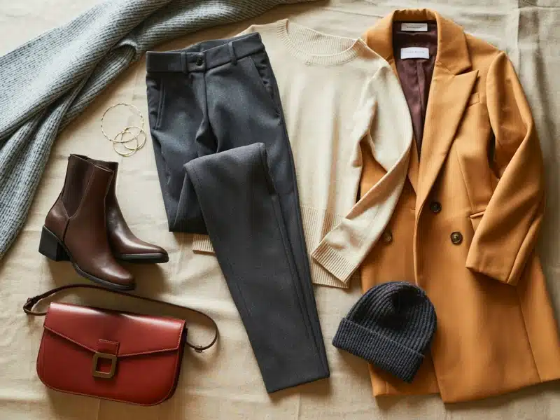 A photograph of a carefully arranged flat lay showcasing a curated collection of winter apparel and accessories.