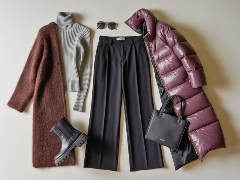 A flat lay of winter airport clothes in plum and chocolate tones