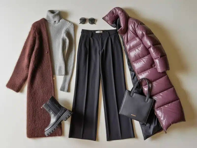 A flat lay of winter airport clothes in plum and chocolate tones