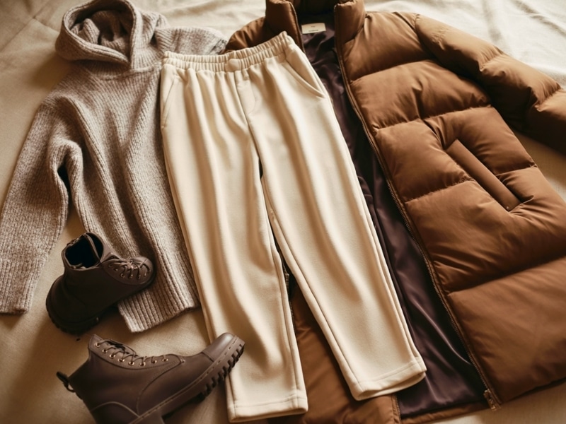 A photograph of a meticulously arranged flat lay showcasing a curated collection of cozy winter travel apparel.