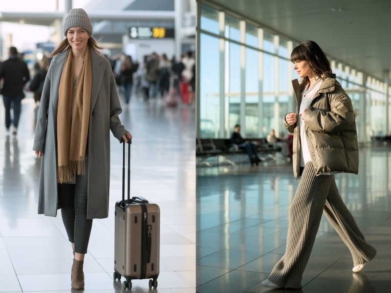 A collage of two women dressed in winter clothes in an airport.