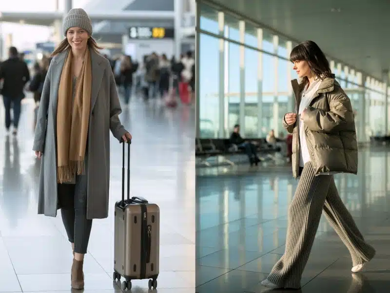 A collage of two women dressed in winter clothes in an airport.