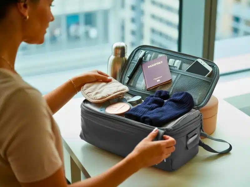 A photograph taken over the shoulder of a woman carefully packing a compact, dark grey travel bag. 