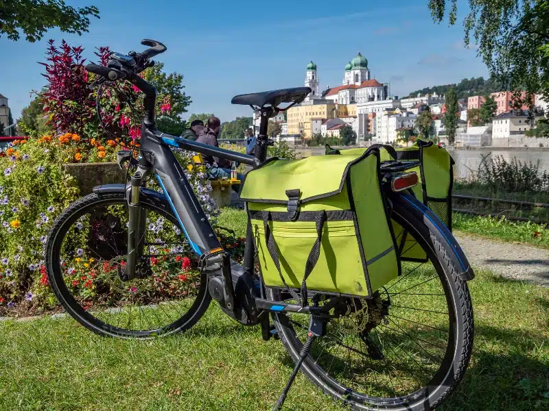 Touring bike parked by the Danube in Passau Bavaria
