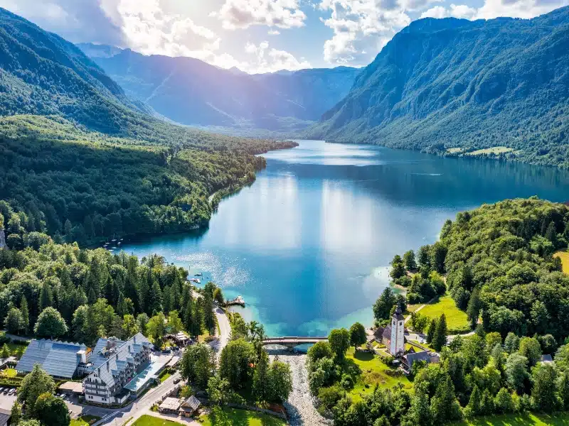 Aerial view of Bohinj Lake in the Julian Alps in Slovenia 