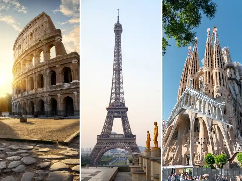 A collage of famour landmarkins in cities of Europe