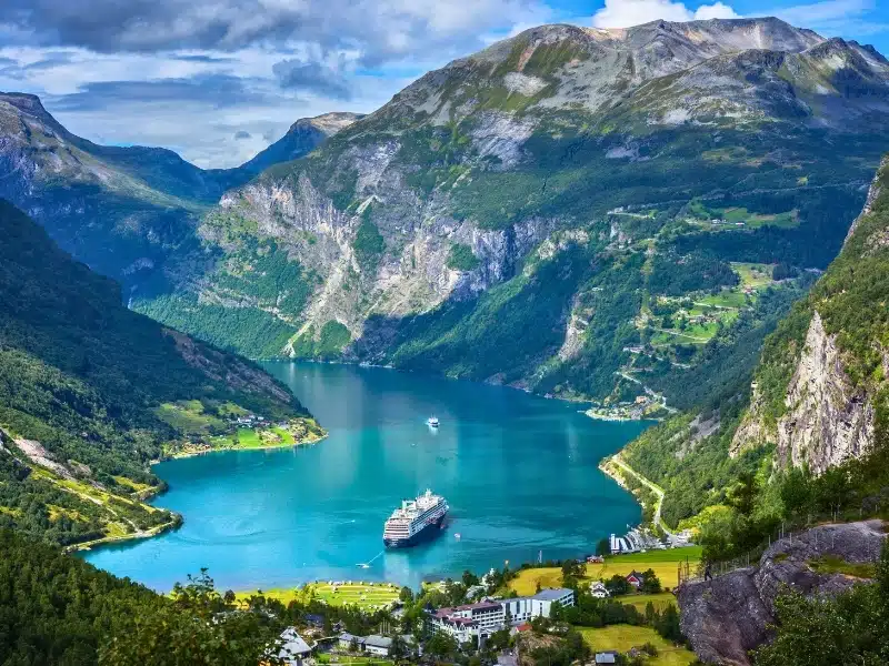 Panoramic view from above of Geirangerfjord, Norway