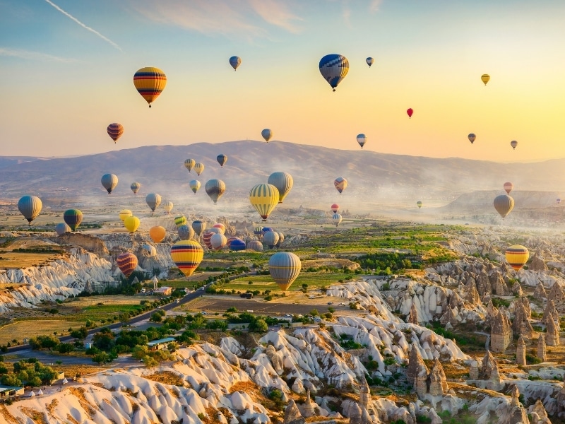 Hot air balloons flying over Cappadocia, Turkey