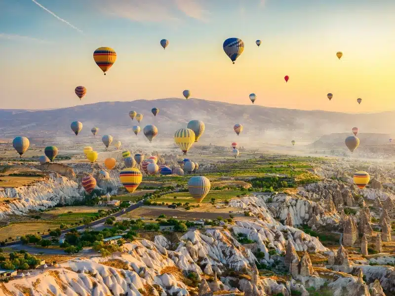 Hot air balloons flying over Cappadocia, Turkey