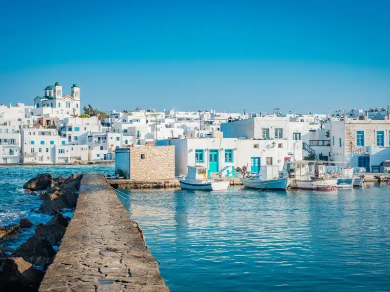 Naousa, in the northeastern corner of the island of Paros, in Cyclades Archipelago, Aegean Sea, Greece.