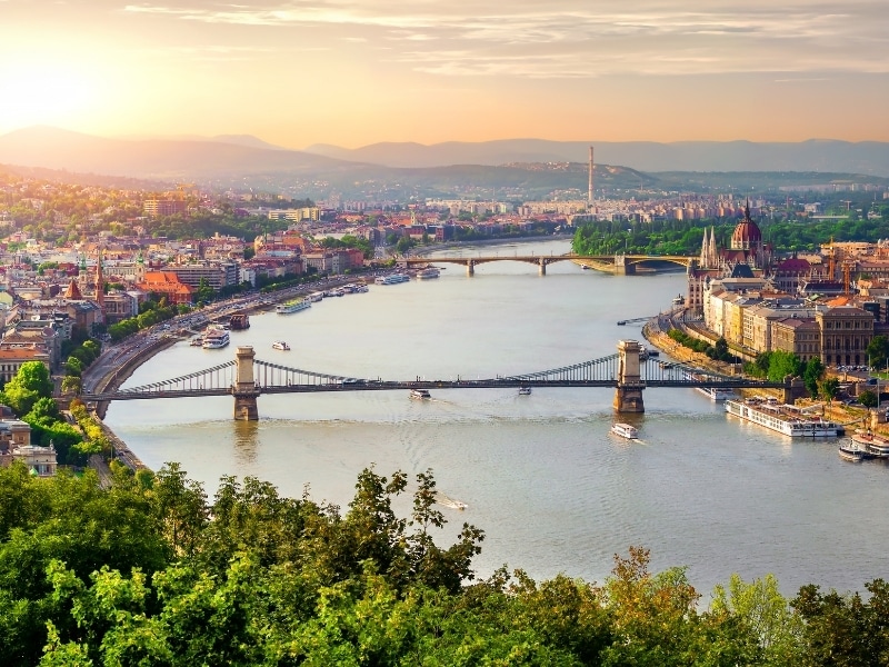 Panoramic view of summer Budapest at sunset
