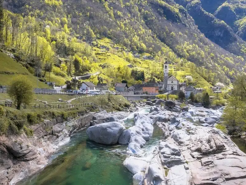 Ponte dei Salti Bridge view in Valle Verzasca of Switzerland