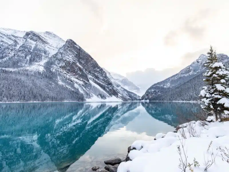 The beautiful view of Lake Louise in winter in Banff National Park, Alberta, Canada.