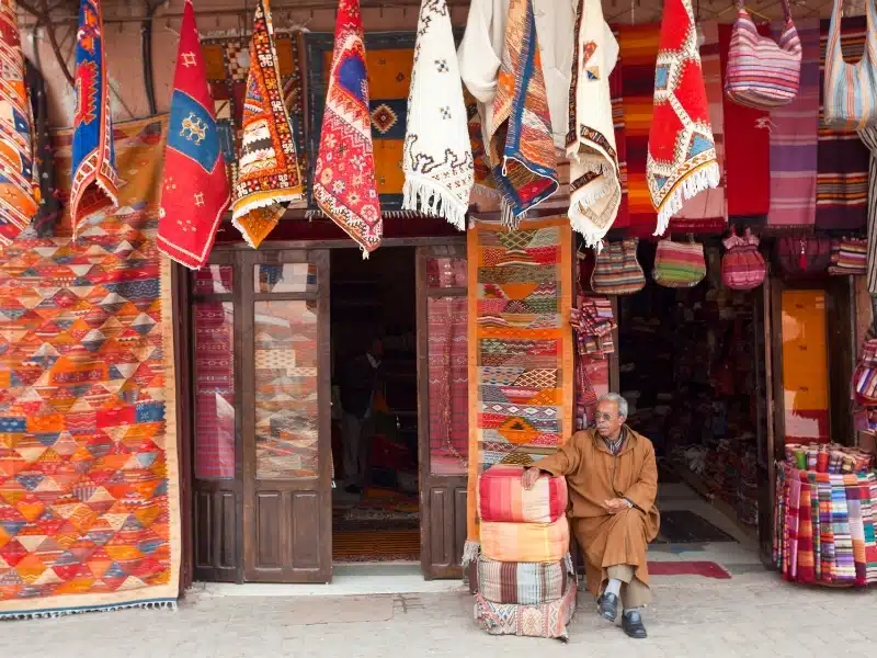 Colorful carpet shop in the souk, Marrakech, Morocco
