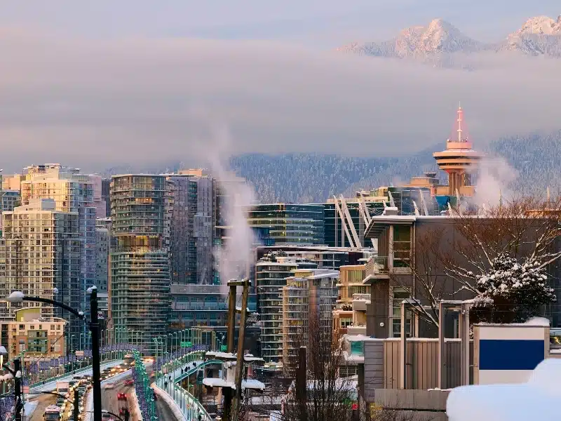 Vancouver's snow covered cityscape, Canada. Copy space.