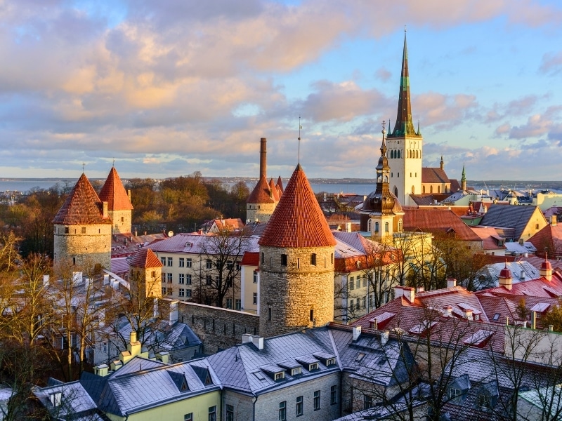 View to Old Town Tallinn at sunset from viewpoint.
