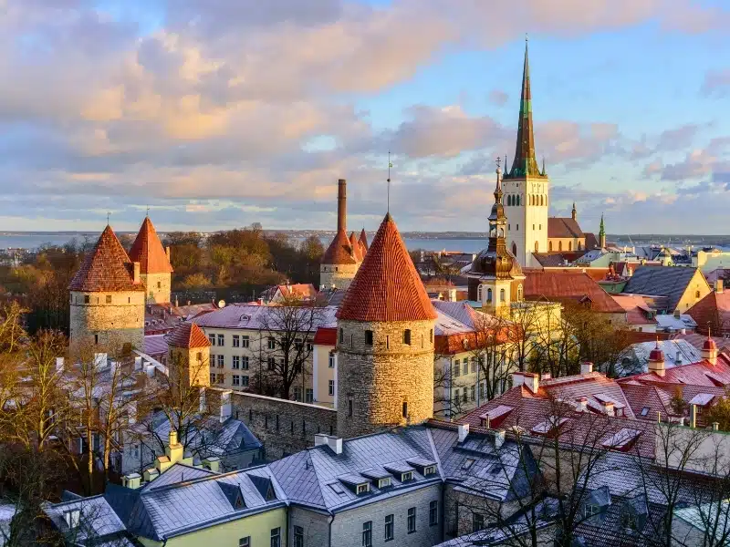 View to Old Town Tallinn at sunset from viewpoint. 