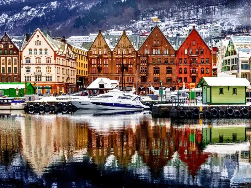 Bergen and famous UNESCO Bryggen harbour in winter