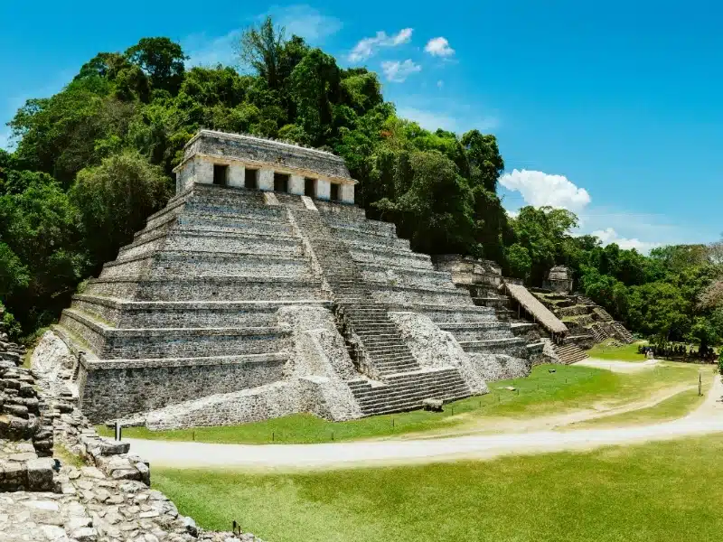 Ancient ruins in the Mayan city of Palenque Chiapas, Mexico. Inscription Temple.