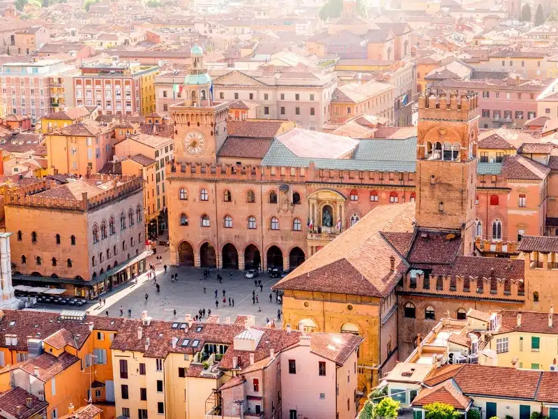 Aerial cityscape view of Maggiore Square in Bologna's old town center 