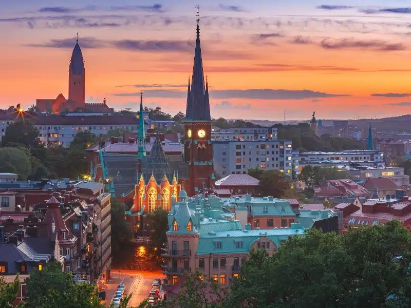 Scenic aerial view of the Old Town with Oscar Fredrik Church in the gorgeous sunset, Gothenburg, Sweden.