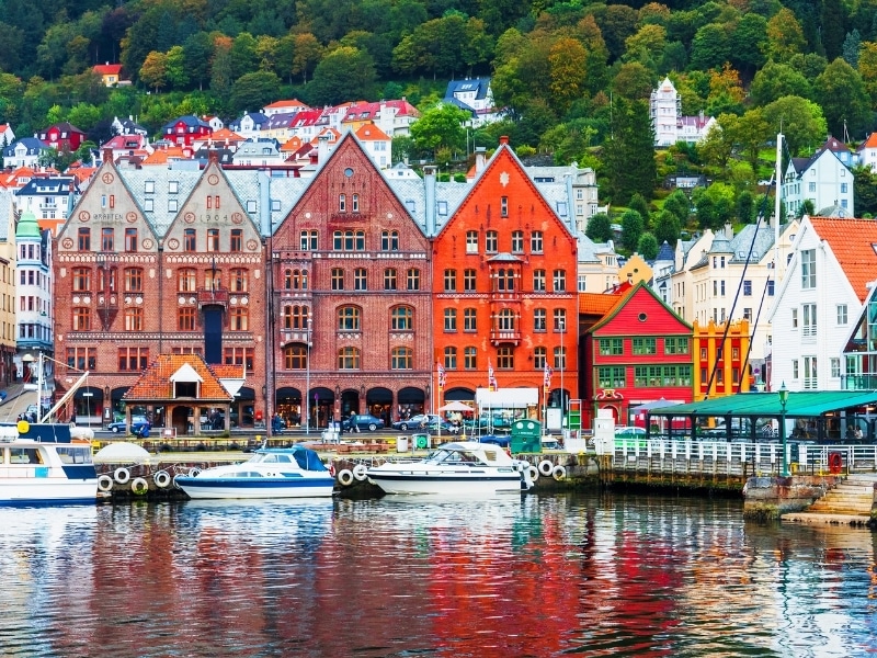 Scenic summer panorama of the Old Town pier architecture of Bryggen in Bergen, Norway