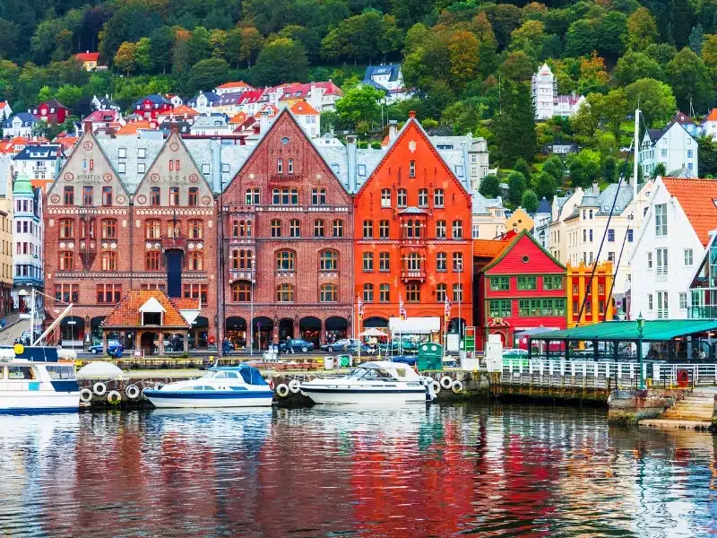 Scenic summer panorama of the Old Town pier architecture of Bryggen in Bergen, Norway