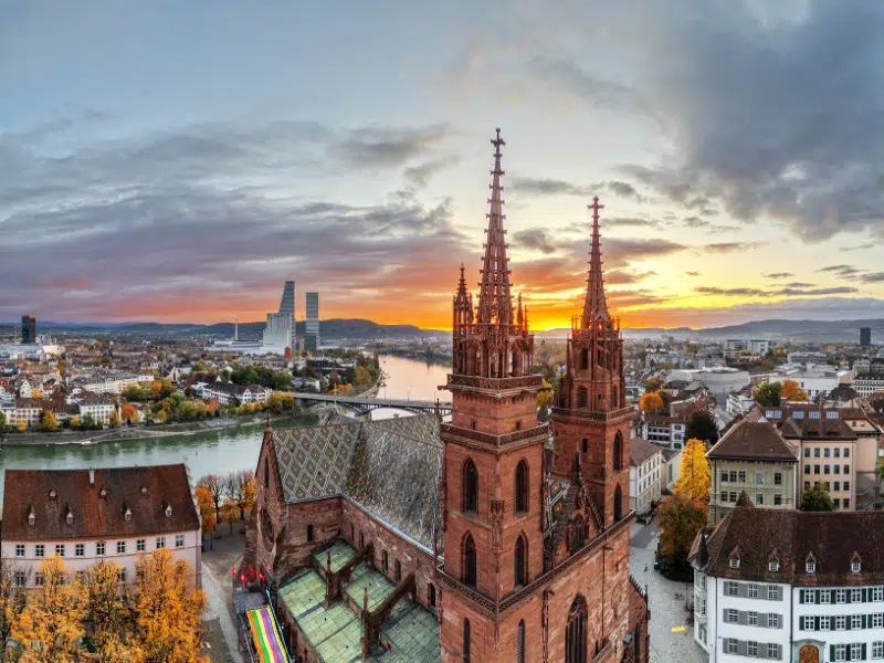 Basel, Switzerland sunrise over the Rhine River.